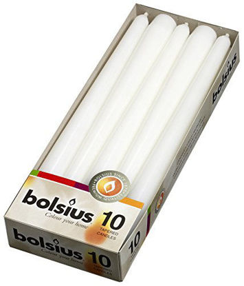 Picture of BOLSIUS Long Household White Taper Candles - 10-inch Unscented Premium Quality Wax - 7.5 Hour Long Burning Dripless Candles Bulk Pack of 10 for Home Decor, Wedding, Parties and Special Occasions