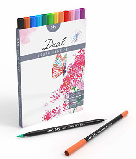 Dual Tip Brush Pen Marker Set - 12 Colors + 4 Water Brush Pens - Create  Watercolor Effects - Best for Bullet Journals, Hand Lettering, Calligraphy  Adult Coloring Books, Manga, MozArt Supplies 