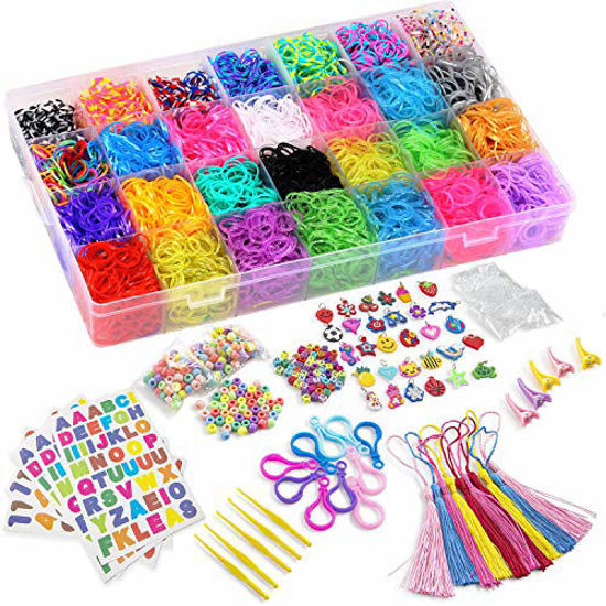 Picture of DasKid 12000+ Rainbow Rubber Bands Refill Set 11,000+ Loom Bands 42 Colors 600 Clips 200 Beads + 52 ABC Beads 30 Charms 10 Backpack Hooks 10 Tassels 5 Crochet Hooks 5 Hair Clips +ABC & Number Stickers