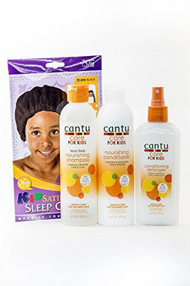 Picture of Cantu Care for Kids Tear-Free Shampoo, Conditioner & Detangler TRIO Bundle + FREE Kids Satin Sleep Cap