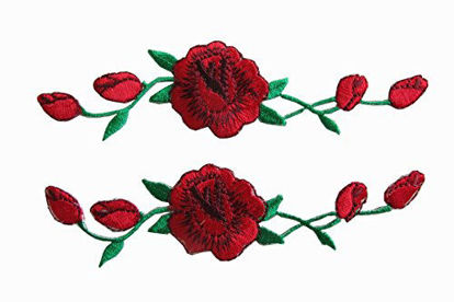 Picture of Yonisun 2 Pcs Applique Patch Rose Flower Embroidery Iron On Flower Appliques for Craft, Sewing, Clothing, Scrapbooking Decorative 1 1/8" x4 3/4" inch (Red)