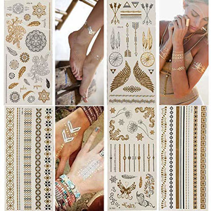 Picture of Temporary Tattoos,Metallic,5 Large Sheets Gold Silver Glitter, by WffDirect,80+ Color Flash Fake Waterproof Tattoo Stickers-For Adults or Kids