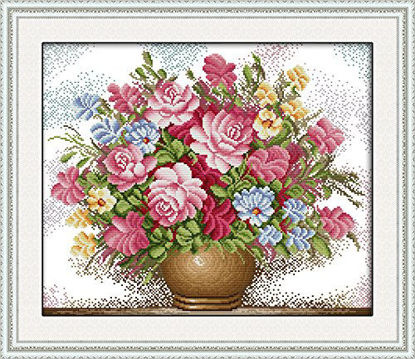 Picture of Maydear Cross Stitch Kits Stamped Full Range of Embroidery Starter Kits for Beginners DIY 11CT 3 Strands - Pink Roses 23×20(inch)