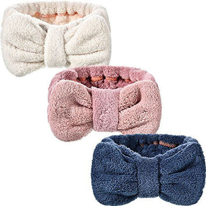 Picture of Hicarer 3 Pack Microfiber Bowtie Headbands Makeup Headbands Wash Spa Yoga Sports Shower Facial Adjustable Hair Band for Girls and Women (Pink, Blue, White)