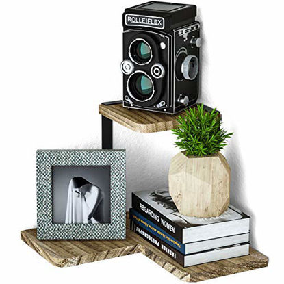 Picture of SRIWATANA Rustic Corner Shelf, 2-Tier Wood Wall Shelf, Wall Mounted Storage Shelves for Bedroom, Living Room, Bathroom, Carbonized Black