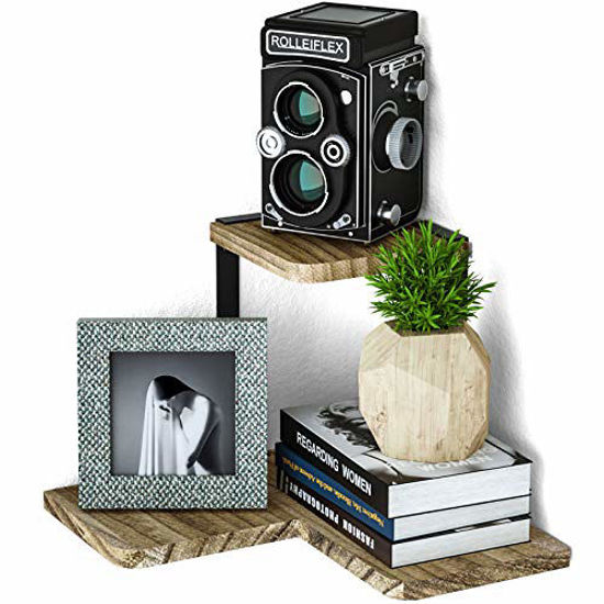 Picture of SRIWATANA Rustic Corner Shelf, 2-Tier Wood Wall Shelf, Wall Mounted Storage Shelves for Bedroom, Living Room, Bathroom, Carbonized Black