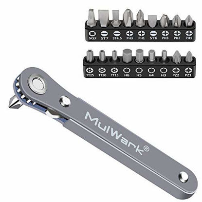 Picture of MulWark 20pc 1/4 Ultra Low Profile Mini Ratchet Wrench Close Quarters Screwdriver Set with High Torque - Right Angle EDC Tool with 90 Degree Mini Offset Reversible Drive Handle & Multi Hex Bits Set