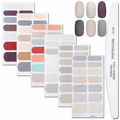 Picture of WOKOTO 6 Sheets Pure Color Nail Art Polish Decal Strips with 1Pcs Nail File Adhesive Nail Wraps Stickers Manicure Kits for Women