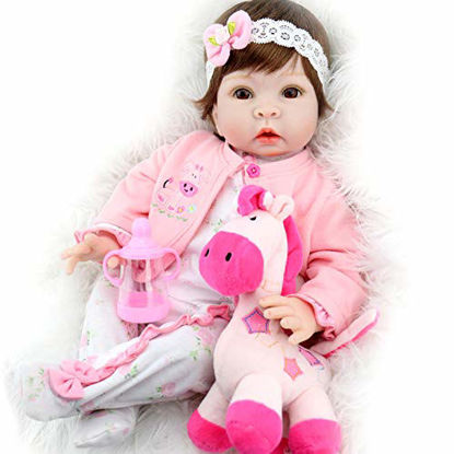 Picture of Aori Realistic Baby Doll Lifelike Weighted Baby Reborn Girl Doll 22 Inch with Pink Horse and Accessories