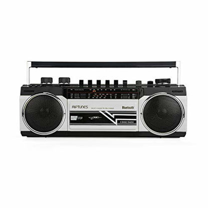 Picture of Riptunes Cassette Boombox, Retro Blueooth Boombox, Cassette Player and Recorder, AM/FM/ SW-1-SW2 Radio-4-Band Radio, USB, SD, Silver
