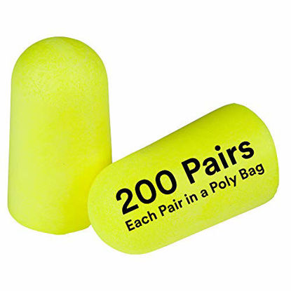 Picture of 3M Ear Plugs, 200 Pairs/Box, E-A-Rsoft Yellow Neons 312-1251, Uncorded, Disposable, Foam, NRR 33, Drilling, Grinding, Machining, Sawing, Sanding, Welding, Slightly Longer Ear Plug, 1 Pair/Poly Bag