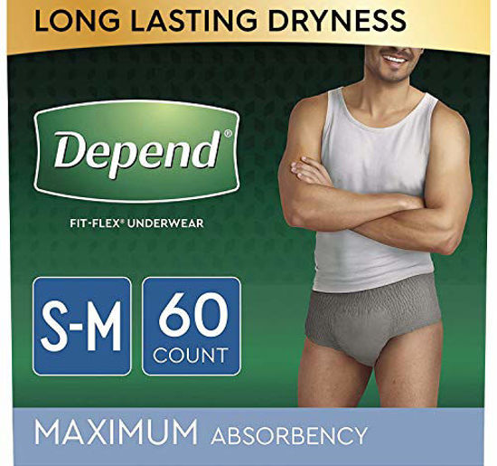 GetUSCart- Depend FIT-FLEX Incontinence Underwear for Men, Maximum  Absorbency, Disposable, Small/Medium, Grey, 60 Count (2 Packs of 30)  (Packaging May Vary)