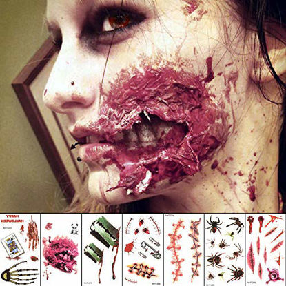 Picture of Halloween Temporary Face Tattoo Sticker 3D Zombie Scar Fake Bloody Wound for Cosplay Party Masquerade Prank Prop Decorations, Waterproof Sweatproof Makeup for Women Man kids (10sheets)