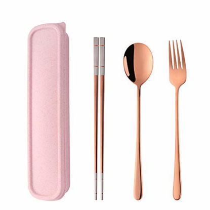 Picture of Do Buy 3 Piece Portable Flatware Set, Chopsticks, Fork and Spoon with Travel Case, Rose Gold