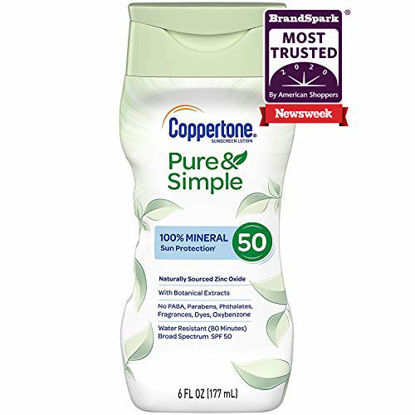 Picture of Coppertone Pure & Simple SPF 50 Sunscreen Lotion, Water Resistant, Hypoallergenic, Dermatologically Tested, Plus 100% Natural Botanicals, Broad Spectrum UVA/UVB Protection,White, 6 Ounce