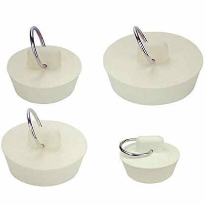 Picture of 4 Sizes White Drain Stopper, Rubber Sink Stopper Plug with Hanging Ring for Bathtub Kitchen and Bathroom