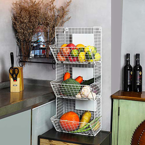 Set of 3 Wire Baskets for Storage Wall Mount - Stackable Wire Baskets for Organizing, Hanging Wire Basket for Living Room, Bathroom, Kitchen, Pantry