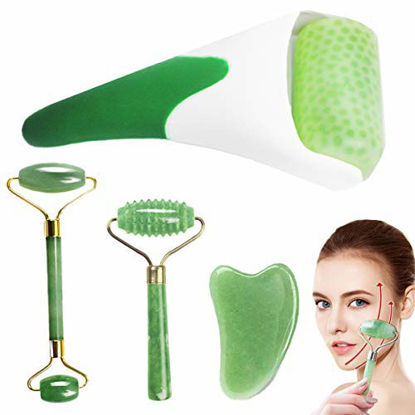 Picture of FIGHTART 4 in 1 jade roller gua sha ice roller natural 100% real 2020 facial eyes cooling massage jade roller for face massager