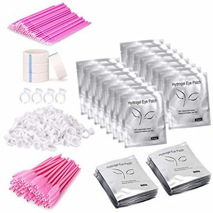 Picture of Eyelash Extension Supplies 4x100 Packs - Beauty Star 100 Pairs Under Eye Gel Pads, 100 Disposable Mascara Brushes Wands, 100 Micro Applicators Brush, 100 Glue Ring Holder, 4 Medical Tapes