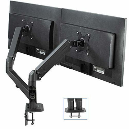 Picture of VIVO Black Articulating Dual Pneumatic Spring Arm Clamp-on Desk Mount Stand, Fits 2 Monitor Screens 17 to 27 inches with Max VESA 100x100, STAND-V102O