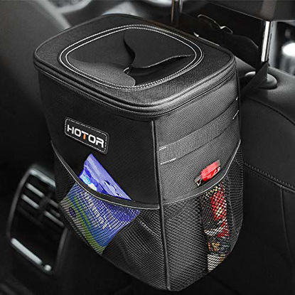Picture of HOTOR Car Trash Can with Lid and Storage Pockets, 100% Leak-Proof Car Organizer, Waterproof Car Garbage Can, Multipurpose Trash Bin for Car - Black