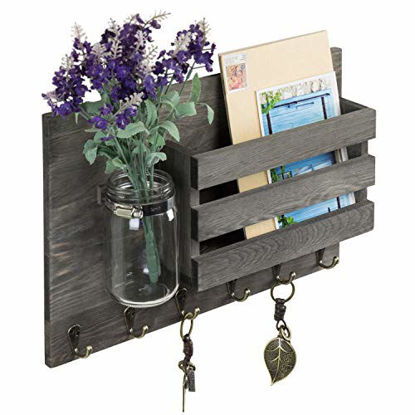 Picture of MyGift Vintage Grey Wood Wall Mounted Mail Holder with 6 Key Hooks & Mason Jar
