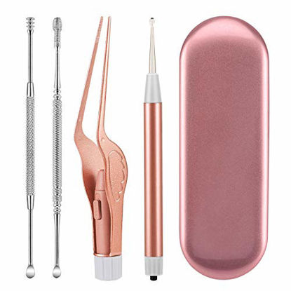 Picture of 4 Pack Ear Pick with Light, Ear Cleaner Ear Wax Removal Tool Kit for Kids and Adults, Ear Picks Digger & Tweezers & Spiral Spring Ear Spoon Set with Storage Box (Rose Gold)