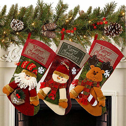 Picture of Sunnyglade 3PCS 18" Christmas Stocking Classic Large Stockings Santa, Snowman, Reindeer Xmas Character for Family Holiday Christmas Party Decorations