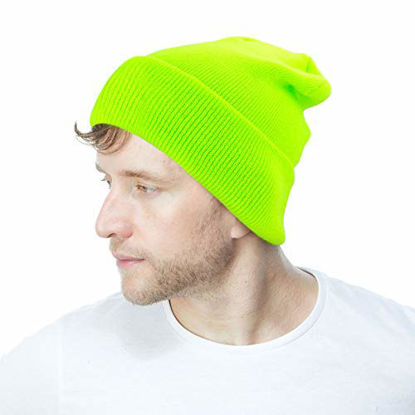 Picture of The Hat Depot Unisex Made in USA Thick Skull Long Beanie Plain Ski Hat (Neon Lime)