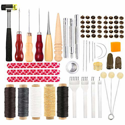 Picture of Leather Tool Kit Leather Working Tools Basic Leather Sewing Repair kit Waxed Thread Cord Prong Punch Snaps and Rivets Kit Hand Sewing Needles Awl for Leather Shoes Bag Belt Repairing Stitching