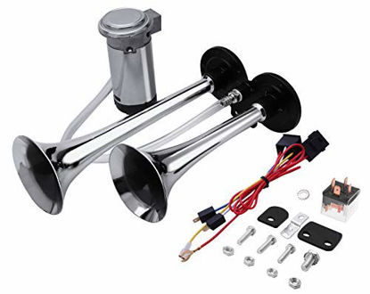 Picture of Carfka Air Train Horn Kit for Truck Car with Air Compressor, Super Loud 150DB 12V Electric Trains Horns for Vehicles, Air Horn Complete Kits for Easy to Install (Dual, Silver)