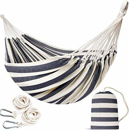 Picture of Double Portable Hammock - Patio Hammock Two Person Hanging Camping Bed for Patio, Backyard, Porch, Outdoor and Indoor Use - Soft Woven Cotton Fabric Hammocks with Portable Carrying Bag