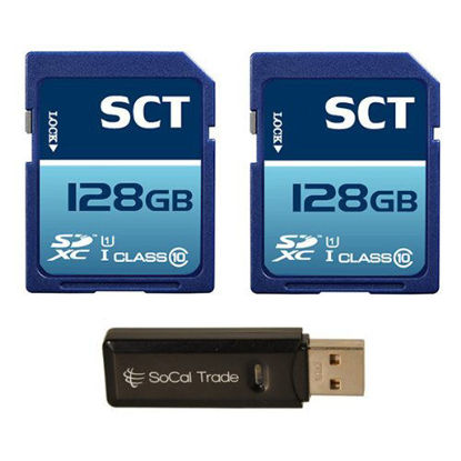 Picture of SCT 128GB x2 = 256GB SD XC Class 10 UHS-1 Secure Digital Ultimate Extreme Speed SDXC Flash Memory Card 256G 256 GB GIGS (S.F128.RTx2.550) with SoCal Trade SCT Dual Slot Memory Card Reader - Retail Packaging 2 PACK