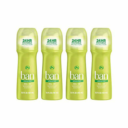 Picture of Ban Original Unscented 24-hour Invisible Antiperspirant, 3.5oz Roll-on Deodorant, 4-pack, Underarm Wetness Protection, with Odor-fighting Ingredients