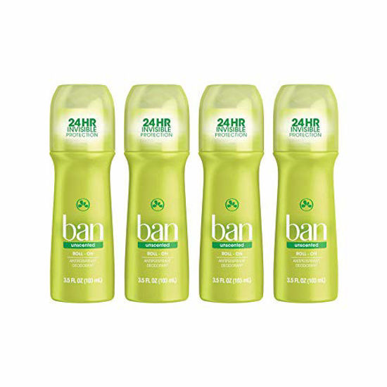 Picture of Ban Original Unscented 24-hour Invisible Antiperspirant, 3.5oz Roll-on Deodorant, 4-pack, Underarm Wetness Protection, with Odor-fighting Ingredients