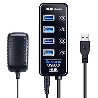 Picture of USB 3.0 Hub - Tendak USB Hub with 4 USB 3.0 Data Ports + 1 USB Smart Charging Port and Power Supply Adapter with Individual On/Off Port Switches for MacBook, Mac Pro, HDD