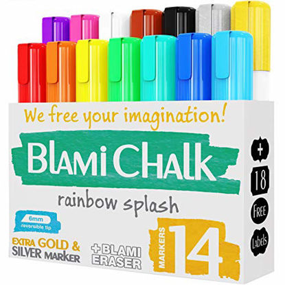 Picture of Blami Arts Chalk Markers and Chalkboard Labels Pack -14 Erasable Liquid Ink Pens - Non Toxic Extra Gold and Silver Colors Included - Reversible Tips and Erasing Sponge