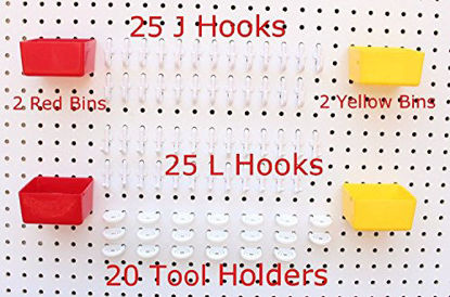 Picture of 74 pc PEG BOARD KIT 25 J & L Hooks plus 20 Tool holders 4 Peg Board Bins Yellow Red