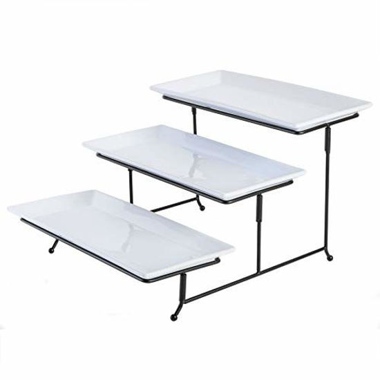 Picture of Gibson Elite Gracious Dining Dinnerware, 3-Tier Rectangle Plate Set with Metal Stand, White