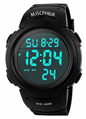Picture of MJSCPHBJK Mens Digital Sports Watch, Waterproof LED Screen Large Face Military Watches and Heavy Duty Electronic Simple Army Watch with Alarm, Stopwatch, Luminous Night Light - Black