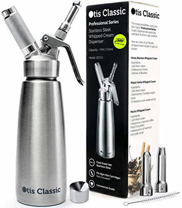 Picture of Whipped Cream Dispenser Stainless Steel - Professional Whipped Cream Maker - Gourmet Cream Whipper - Large 500ml / 1 Pint Capacity Canister - Includes 3 Culinary Decorating Nozzles