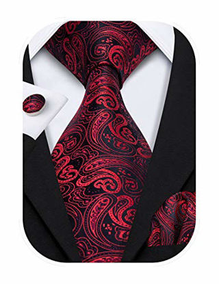 Picture of Barry.Wang Black and Red Ties Paisley Pocket Suqare Cufflinks Tie Set