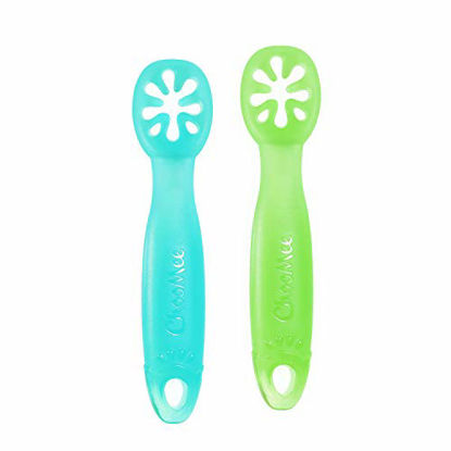 Picture of ChooMee Baby Spoons, FlexiDip | First Stage Learning Utensil, Bends with Every Bowl |Teething Friendly, 100% Platinum Silicone, BPA Free | 2 CT | Aqua Green