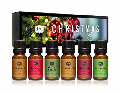Picture of Christmas Set of 6 Premium Grade Fragrance Oils - Christmas Wreath, Mistletoe, Candy Cane, Gingerbread, Cinnamon, and Cranberry - 10ml