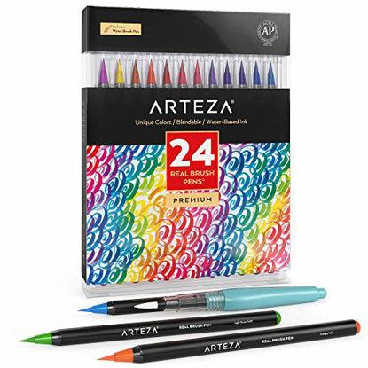 Picture of Arteza Real Brush Pens, 24 Colors for Watercolor Painting with Flexible Nylon Brush Tips, Paint Markers for Coloring, Calligraphy and Drawing with Water Brush for Artists and Beginner Painters