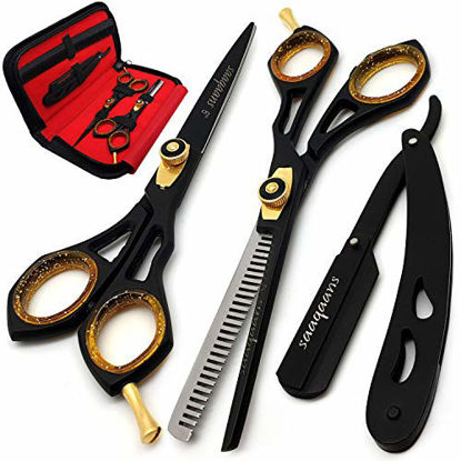 Picture of Saaqaans Professional Hair Cutting Scissors Set - Haircut Scissor for Barber/Hairdresser/Hair Salon + Thinning/Texture Hairdressing Shear for Beautician + Straight Edge Razor + 10 Blades with Case