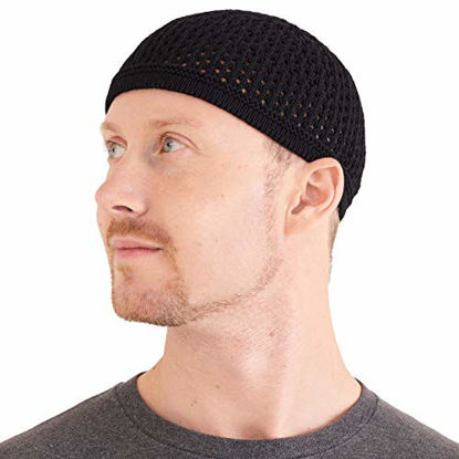 Picture of CHARM Stretchy Muslim Beanie Kufi Hat for Men - Cotton Crochet Islam Lightweight Prayer Cap Summer Dad Hats Black
