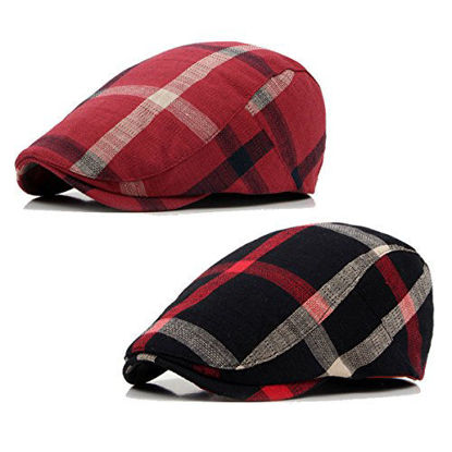 Picture of ZLSLZ 2 Pack Men's Plaid Cotton Flat Newsboy Ivy Cabbie Golf Gatsby Cap Hat Red Black