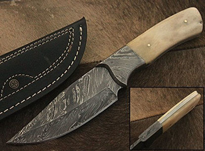 Picture of Randy knives RA-9002 Custom Made Damascus Steel Hunting Knife Bone Handle, Damascus Bolster, with Real Leather Sheath.