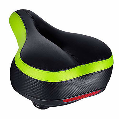 Picture of TONBUX Most Comfortable Bicycle Seat, Bike Seat Replacement with Dual Shock Absorbing Ball Wide Bike Seat Memory Foam Bicycle Gel Seat with Mounting Wrench (Black/Green with Reflective Sticker)